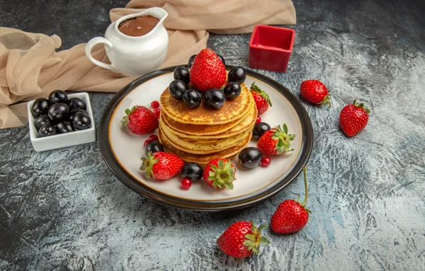 Berries, table, towel, strawberry, plate, grapes, stack, pitcher