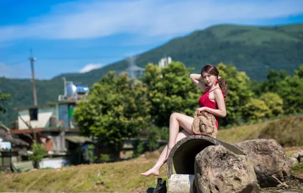 Picture girl, hat, legs, Asian, dress