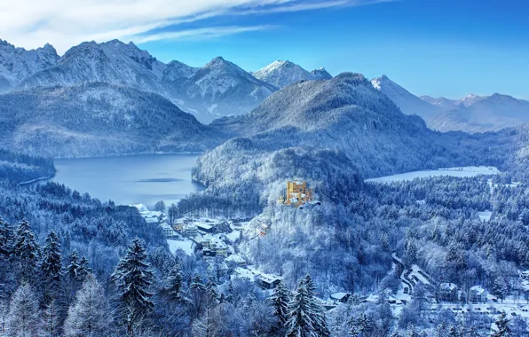 Picture winter, forest, snow, mountains, castle, Germany, lake, Hohenschwangau