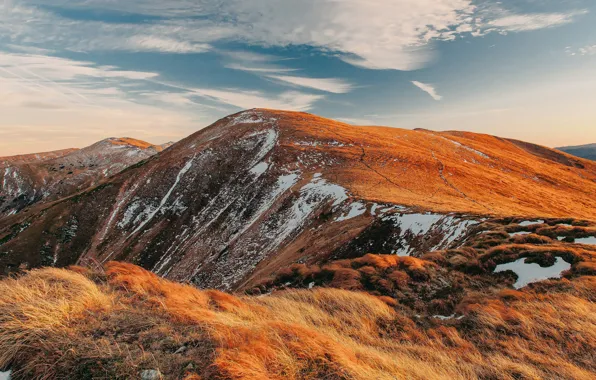 Autumn, the sky, grass, clouds, snow, mountains, the slopes, dry