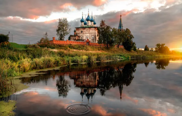 Picture sunset, river, temple, Russia, Ivanovo oblast