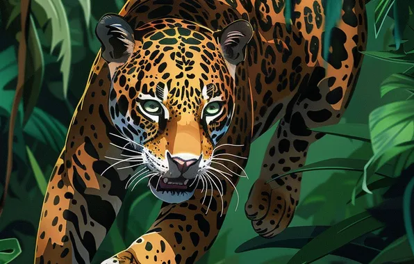Picture Leaves, Jaguar, Predator, Digital art, Big cat, AI art, The Art of Artificial Intelligence, Neural …