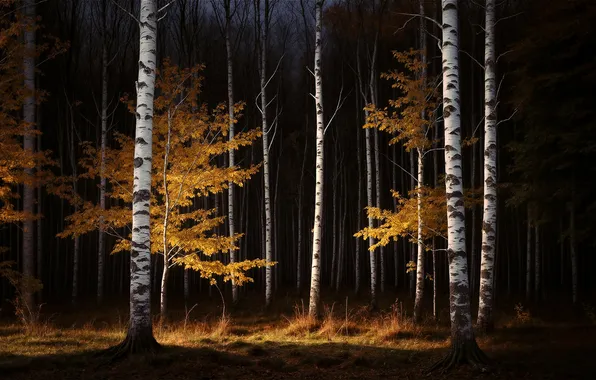 Forest, landscape, night, nature, birch, twilight, AI art