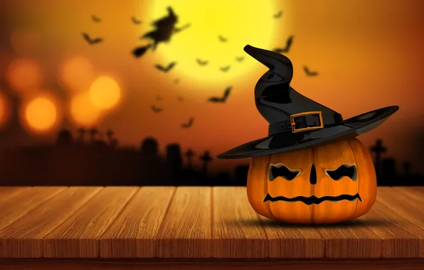 Picture Night, The moon, Pumpkin, Witch, Halloween, Hat, Halloween