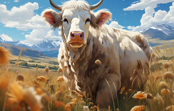 Flowers, Mountains, Grass, Horns, Digital art, Cow, AI art, The Art of Artificial Intelligence