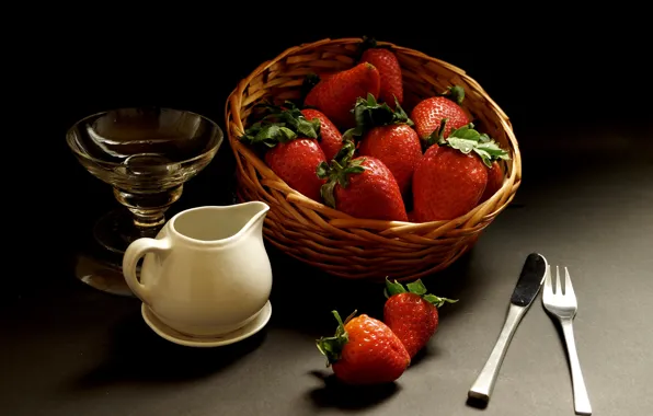 Berries, the dark background, table, strawberry, knife, pitcher, plug, still life
