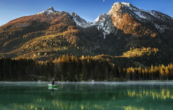 Landscape, mountains, nature, lake, reflection, boat, tops, fisherman