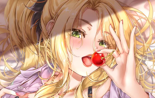 Language, look, face, blonde, blush, cherry, flirting, green eyes