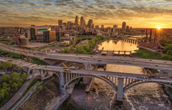Picture sunset, river, building, home, bridges, Mn, Minnesota, Minneapolis