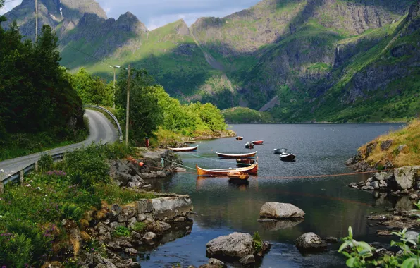 Mountains, lake, stones, boats, Norway, Nordland County