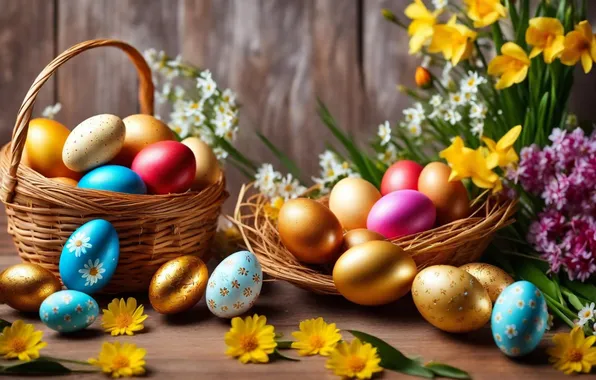 Flowers, eggs, spring, colorful, Easter, flowers, spring, Easter