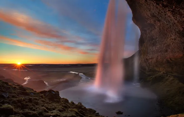 Picture mountains, nature, dawn, waterfall, morning, panorama