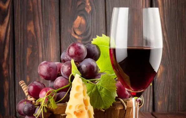 Picture wine, red, glass, cheese, grapes, leaves