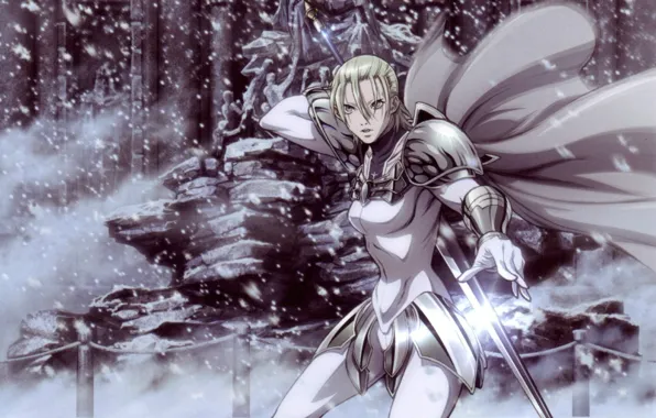 Snow, sword, armor, cloak, jean, claymore