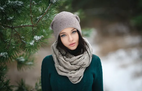Picture look, girl, face, portrait, scarf, cap, bokeh, pine branch