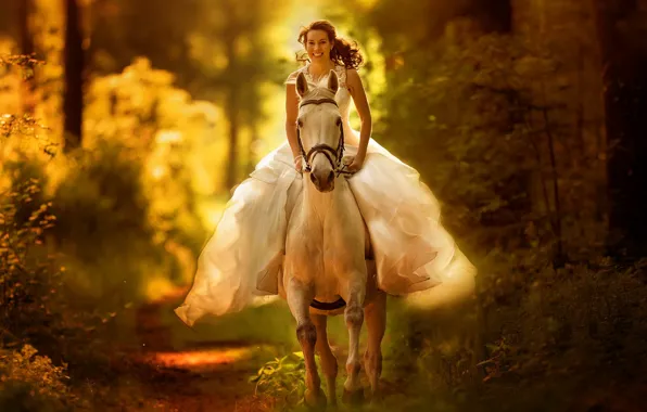Picture autumn, forest, girl, nature, horse, the bride