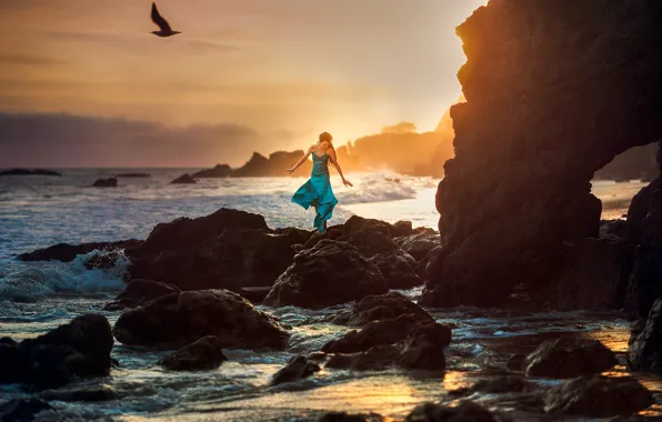 Picture Edie Layland, dress, girl, surf, stones