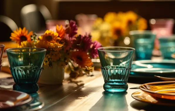 Glass, light, flowers, table, bouquet, glasses, glasses, still life
