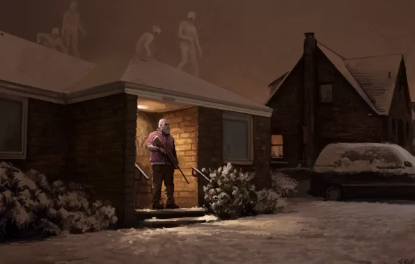 Night, house, creatures, grandpa, the gun, hunter