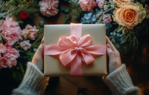 Flowers, holiday, box, gift, hands, heart, March 8, Valentine's Day