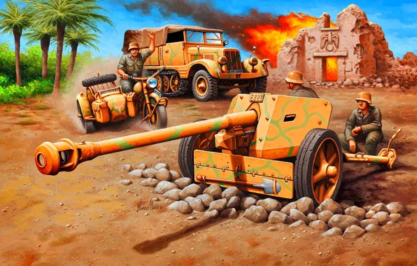 Palm trees, motorcycle, The Wehrmacht, the gunners, North Africa, DAK, anti-gun, half-track tractor
