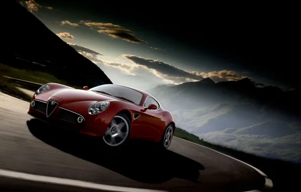 Picture road, clouds, mountains, alfa romeo