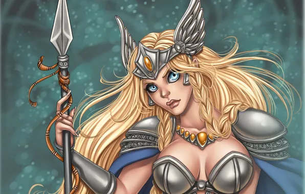 Eyes, girl, decoration, face, hair, armor, art, spear