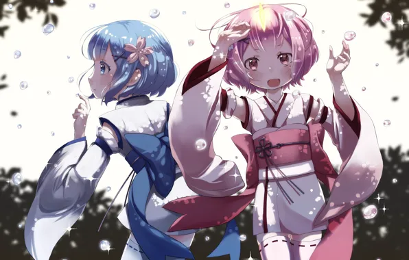 Children, demons, anime, art, sisters, horn, Ram, Rem