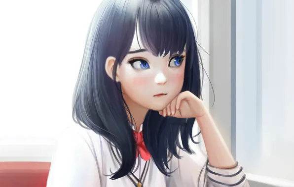 Picture face, hand, schoolgirl, blue eyes, window, bangs, in a cafe, thoughtful girl