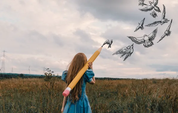 Picture girl, birds, pencil