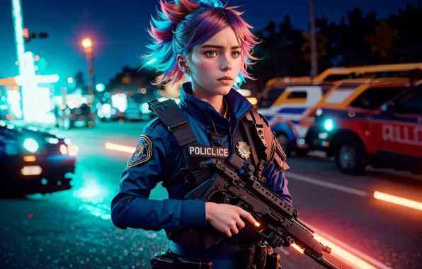 Machine, auto, the sky, eyes, girl, light, night, weapons