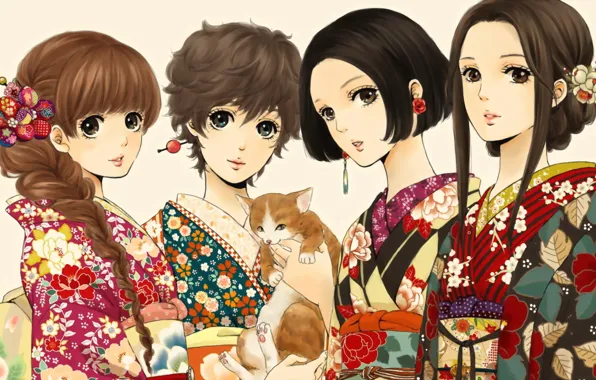 Cat, girls, kimono