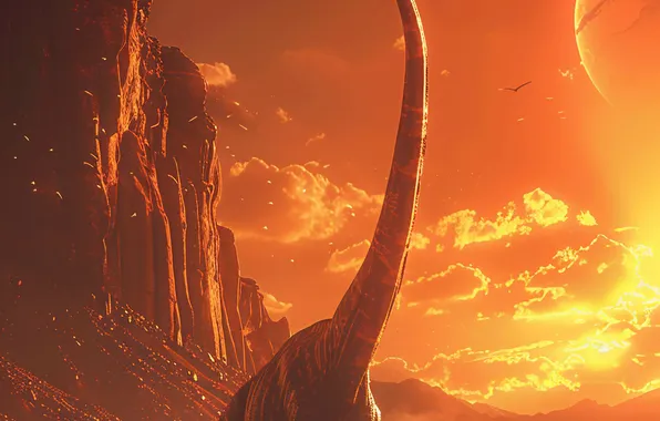 Mountain, Dawn, Dinosaur, Neck, Animal, Digital art, Ancient animals, Extinct animals