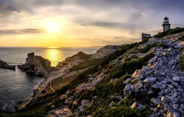 Landscape, sunset, nature, Strait, stones, rocks, France, lighthouse