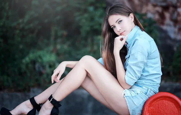 Picture girl, shorts, legs, beautiful, sweet, shirt, long-haired