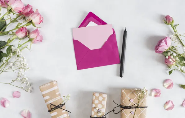 Roses, handle, gifts, the envelope, composition