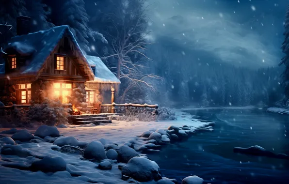 Winter, forest, snow, night, house, Christmas, New year, house