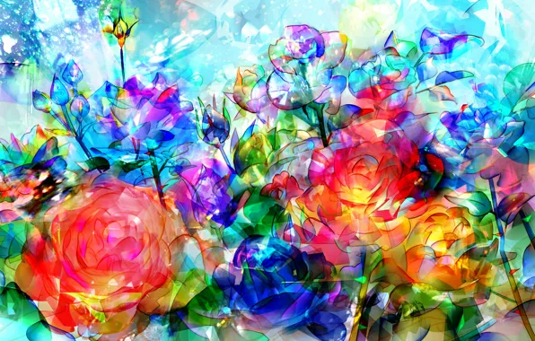 Light, transparent, roses, bouquet, sparks