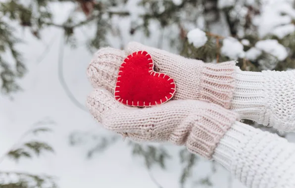 Winter, heart, hands, mittens, Valentine's Day
