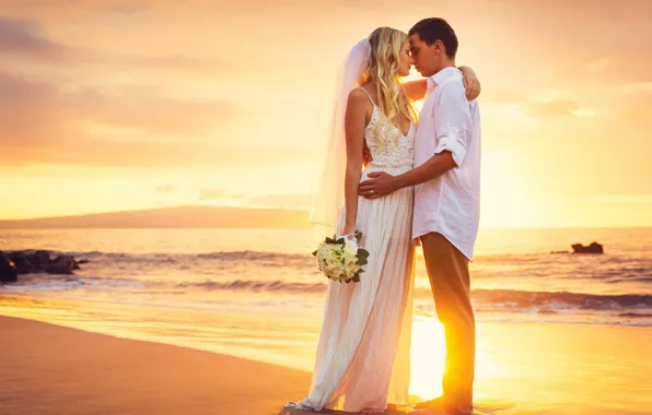 Happy, beach, sea, sunset, couple, wedding, bride, just married