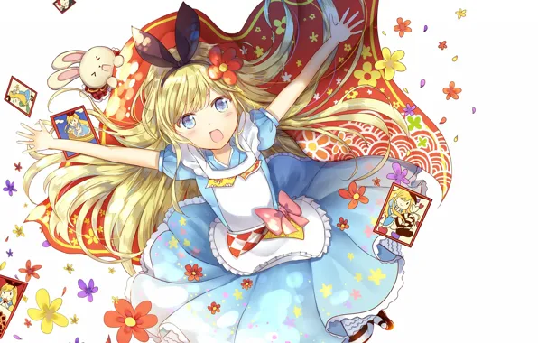 Card, rabbit, Alice, blue eyes, flowers, bow, Alice in Wonderland, shawl