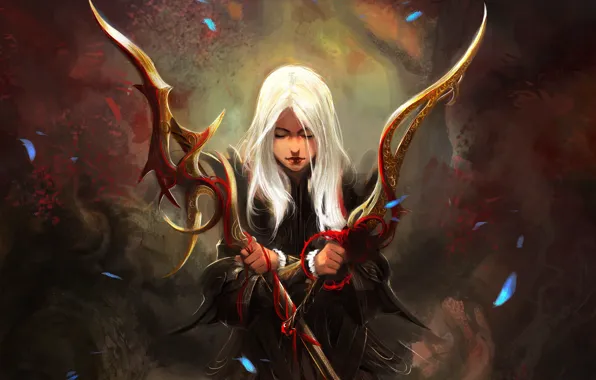 Girl, weapons, sword, fantasy, art, spear, white hair
