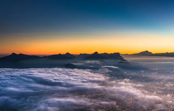 Clouds, sunset, mountains, the city, view, height