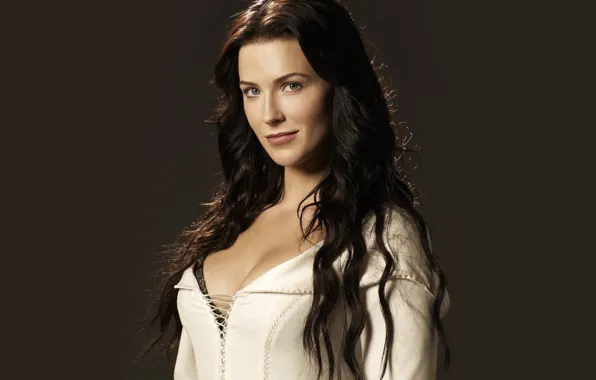 Picture girl, smile, actress, brunette, beauty, white dress, Legend of the Seeker, Confessor