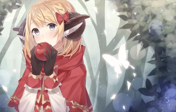 Picture forest, girl, butterfly, apples, anime, art