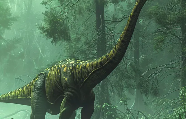 Water, Fog, Trees, Dinosaur, River, Neck, Animal, Digital art