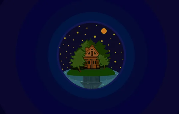 Picture trees, night, lake, house, island, stars, minimalism