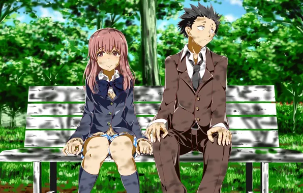 A man sitting on a bench in the park. anime