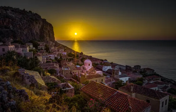 Picture sea, the sky, the sun, trees, stones, rocks, dawn, shore