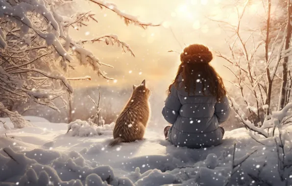 Winter, frost, forest, cat, the sky, cat, the sun, light